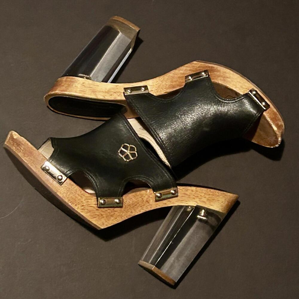Trina Turk Black Leather Mules with Clear Block Heels